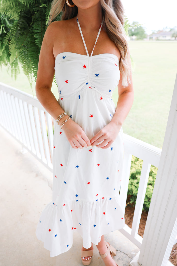 Star Embroidered Halter Midi Dress