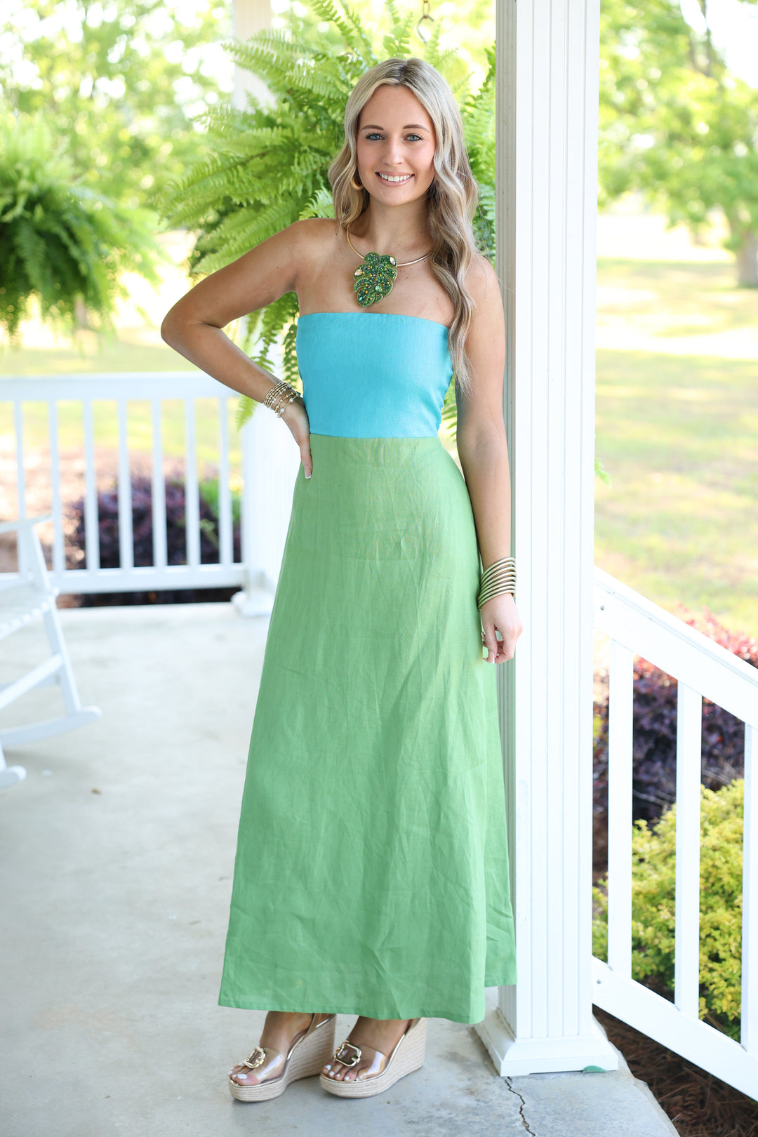 Mei Contrast Strapless Linen Maxi Dress "Aqua Blue/Green"