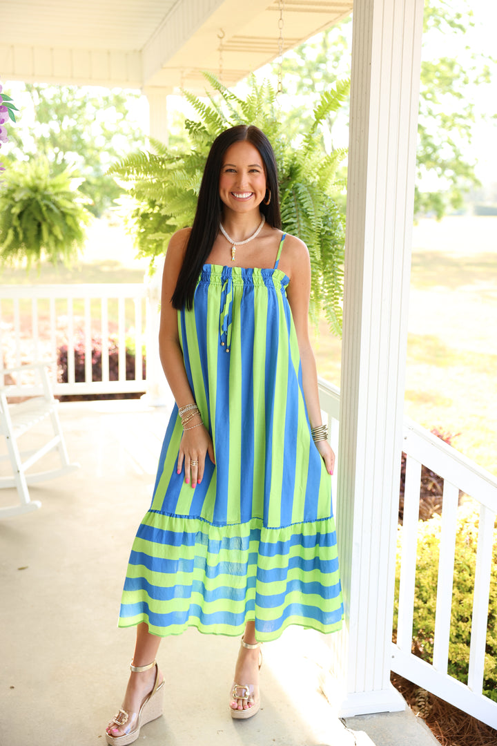 Striped Print Sleeveless Midi Dress "Lime/Blue"