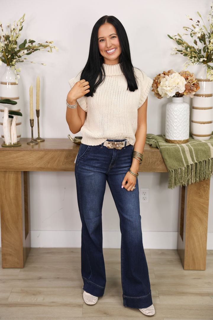 Sleeveless Cropped Turtleneck Knit Sweater Top "Ecru"