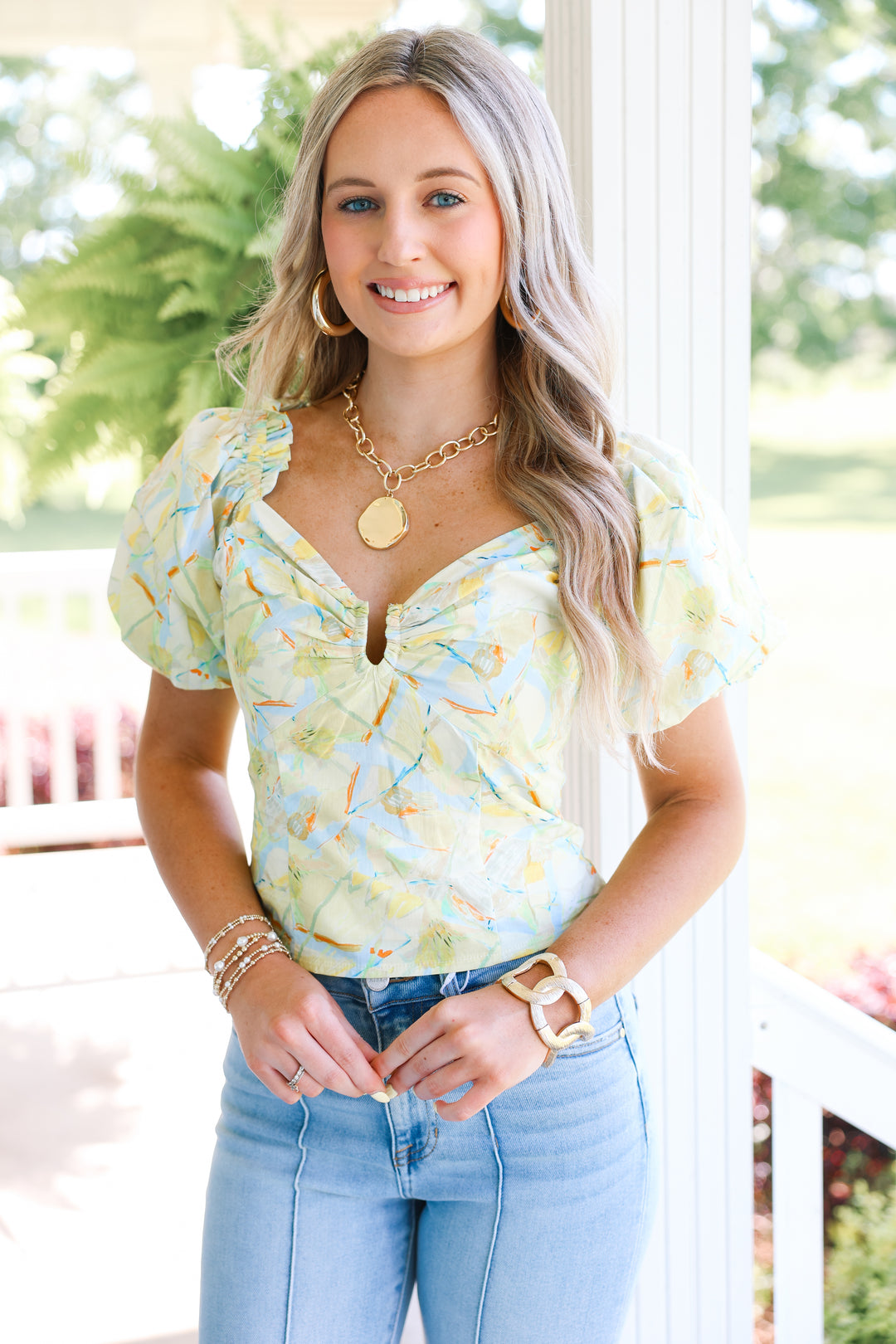 Samone Bubble Hem Sleeve Top "Yellow/Blue"