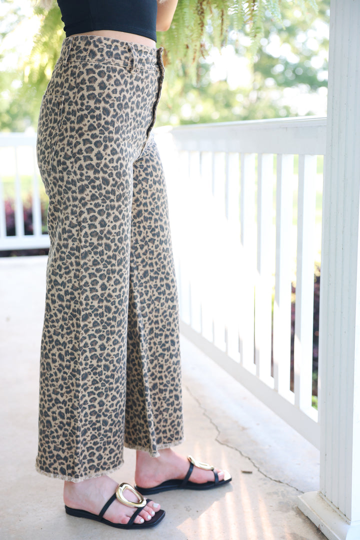 Leopard Twill Denim Frayed Hem Wide Leg Pants