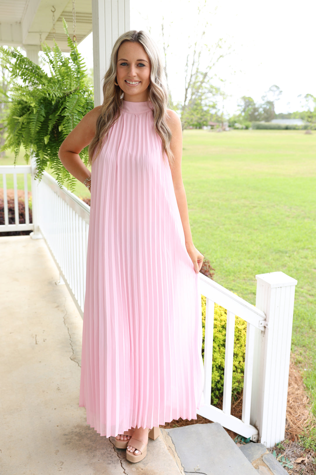 Pink Pleated Midi Dress