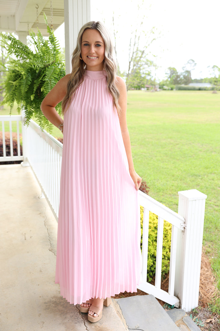 Pink Pleated Midi Dress