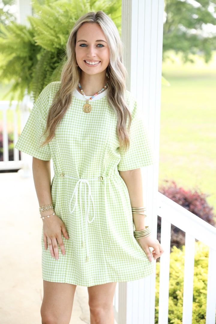 Gingham Drawstring Waist Mini Dress "Celery"