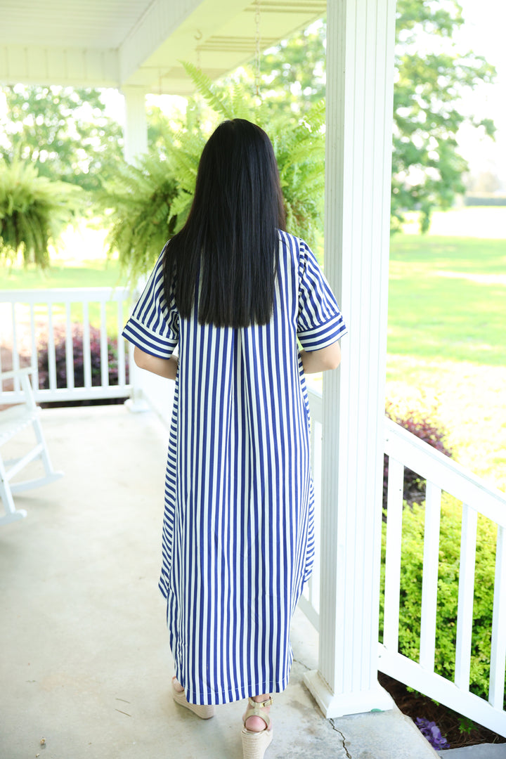 Striped Short Sleeve Midi Dress "Navy"
