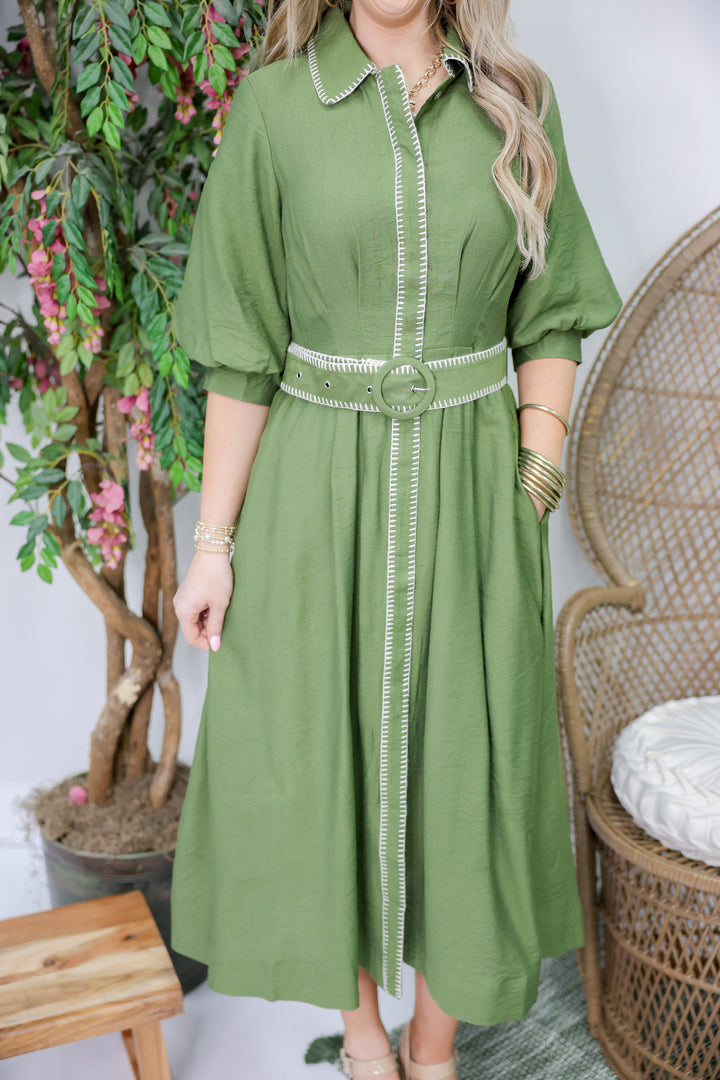 Anne Solid Short Puff Sleeve Midi Dress "Olive"