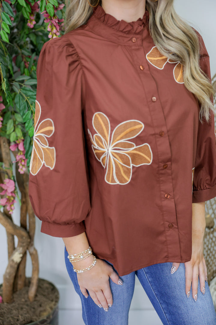 Floral Embroidery 3/4 Puff Sleeve Top "Chocolate"