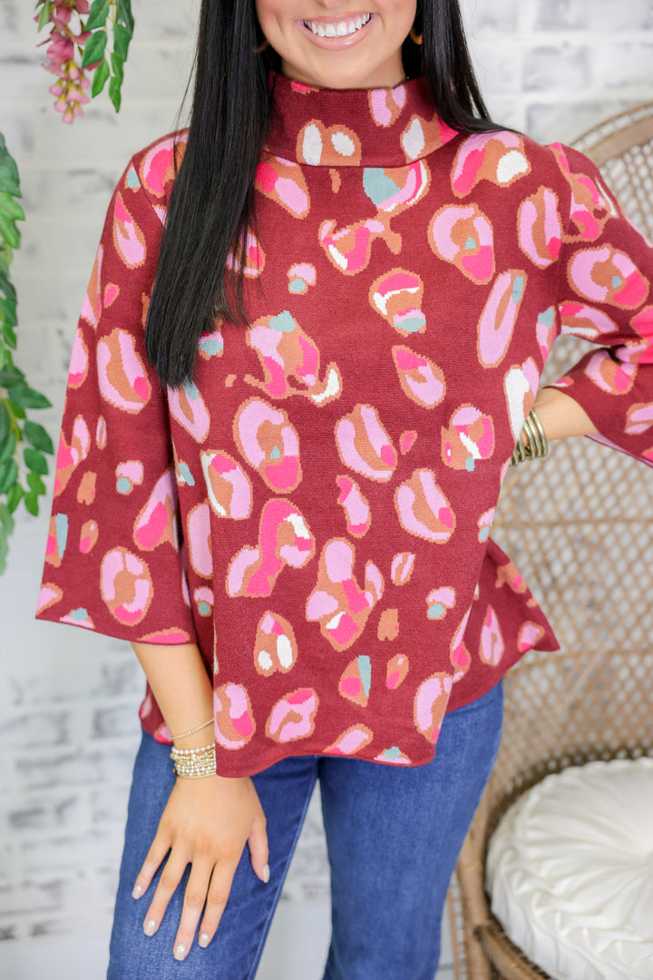Animal Pattern Mock Neck Bell Sleeve Sweater "Wine Multi"