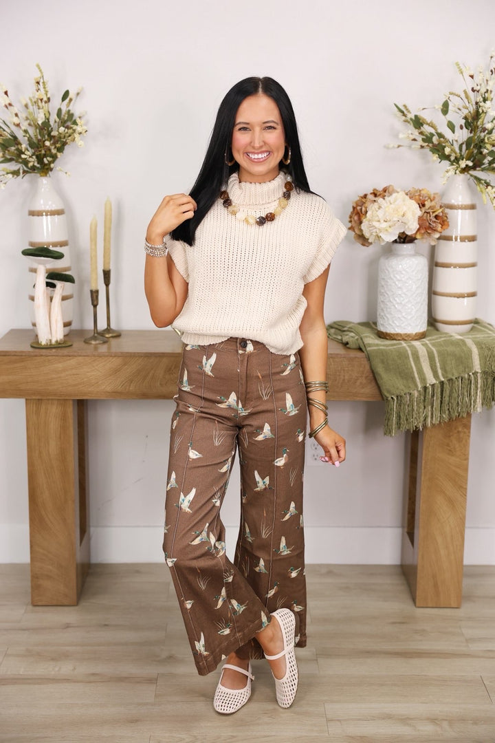 Mallard Printed Stretch Denim Wide Leg Jeans "Mocha"