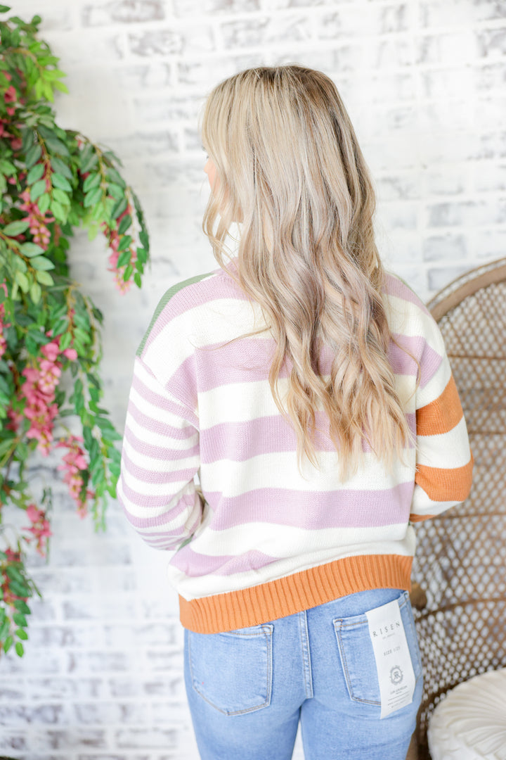 Multi Color Stripe Mix Crew Neck Sweater Top "Olive Mix"