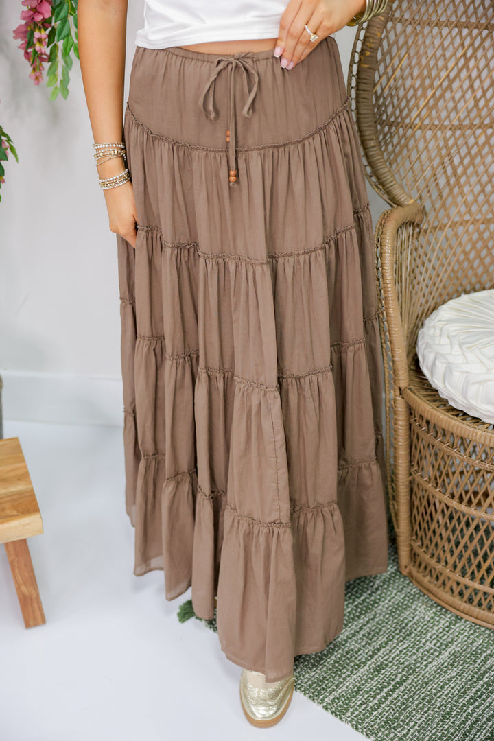 Drawstring Detail Tiered Maxi Skirt "Mocha"