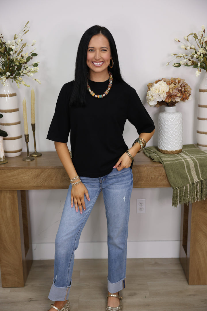 Half Sleeve Round Neck Comfy Sweater Top "Black"