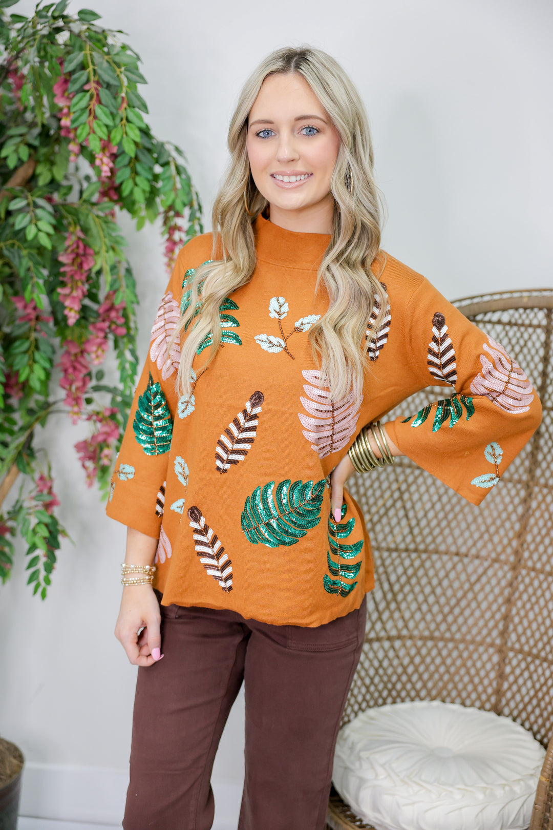 Sequin Embellished Mock Neck Sweater "Tan"
