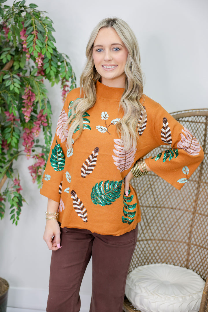 Sequin Embellished Mock Neck Sweater "Tan"