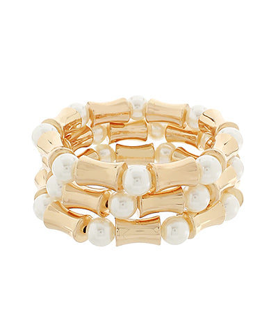3 Row Pearl & Geo Cylinder Bracelet "Gold/Cream"
