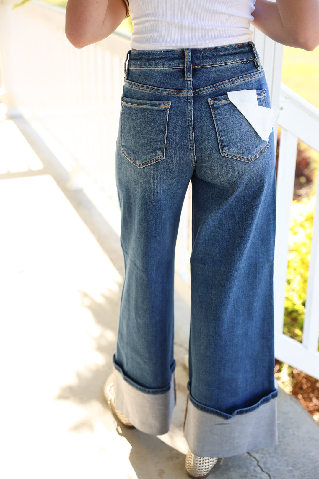 Risen - High Rise Wide Leg Cuffed Jeans W/ Double Front Pocket Detail "Dark"
