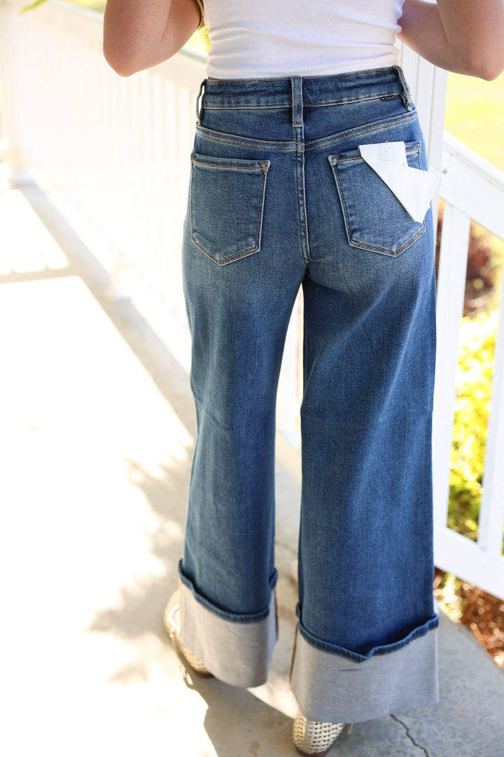 Risen - High Rise Wide Leg Cuffed Jeans W/ Double Front Pocket Detail "Dark"