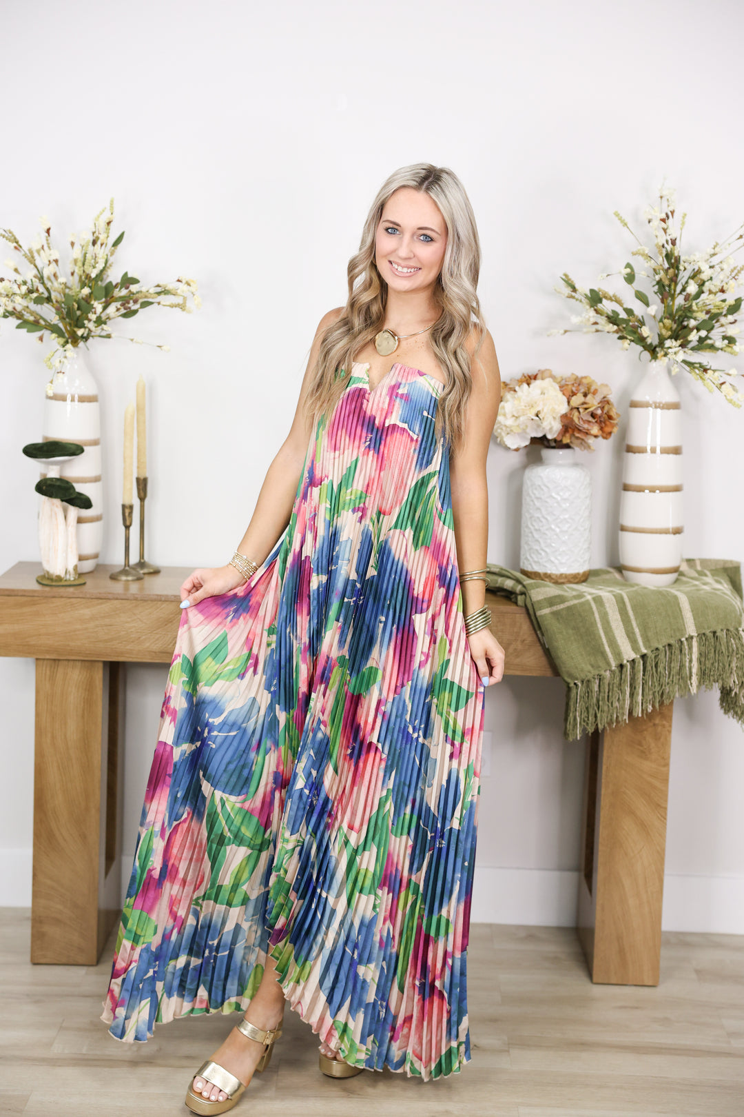 Floral Strapless Pleated Maxi Column Dress "Lapis Bloom"
