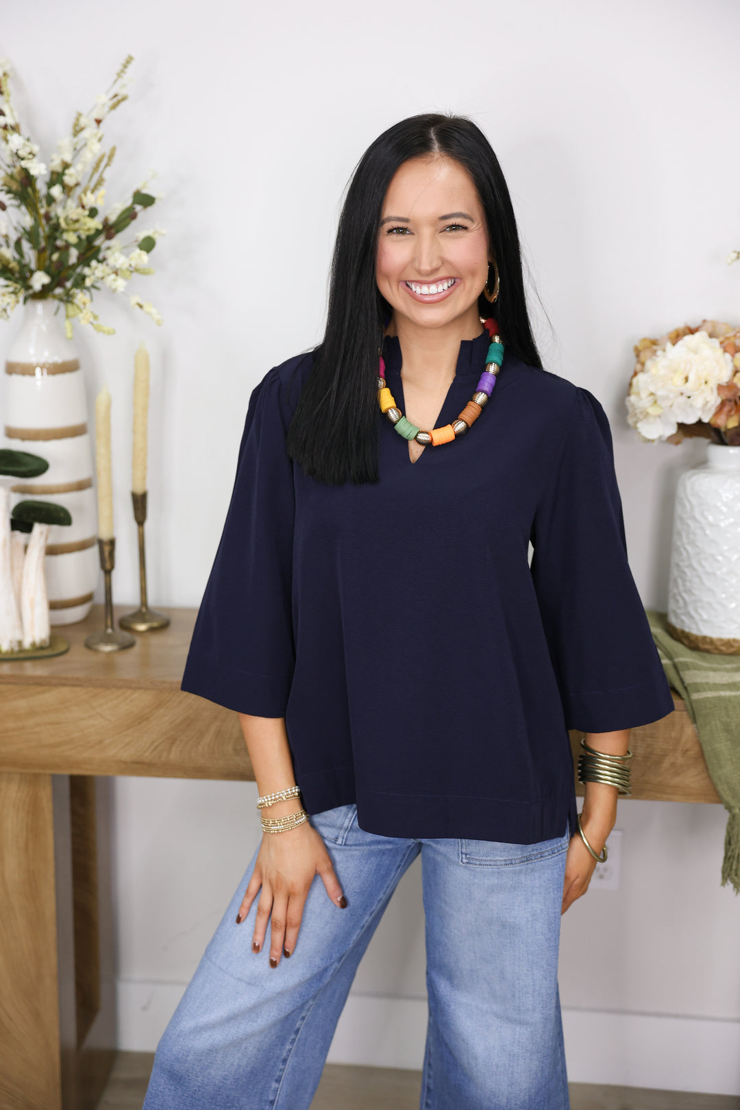 3/4 Sleeves Crinkled Solid Top W/ Ruffled Neckline "Navy"