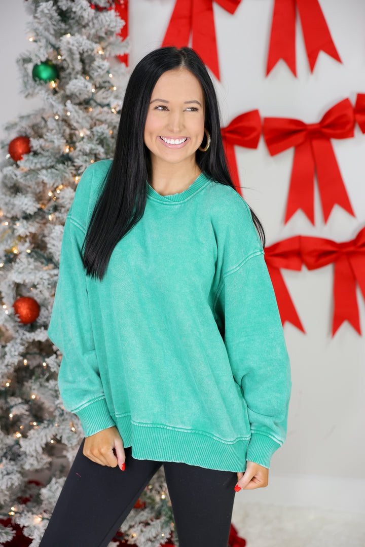 Acid Wash Oversized Fleece Pullover "K Green"