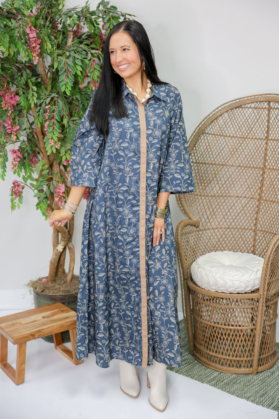 Floral Print 3/4 Sleeve Midi Dress "Dk Navy"