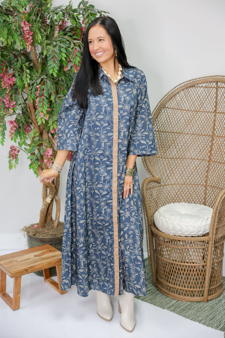 Floral Print 3/4 Sleeve Midi Dress "Dk Navy"