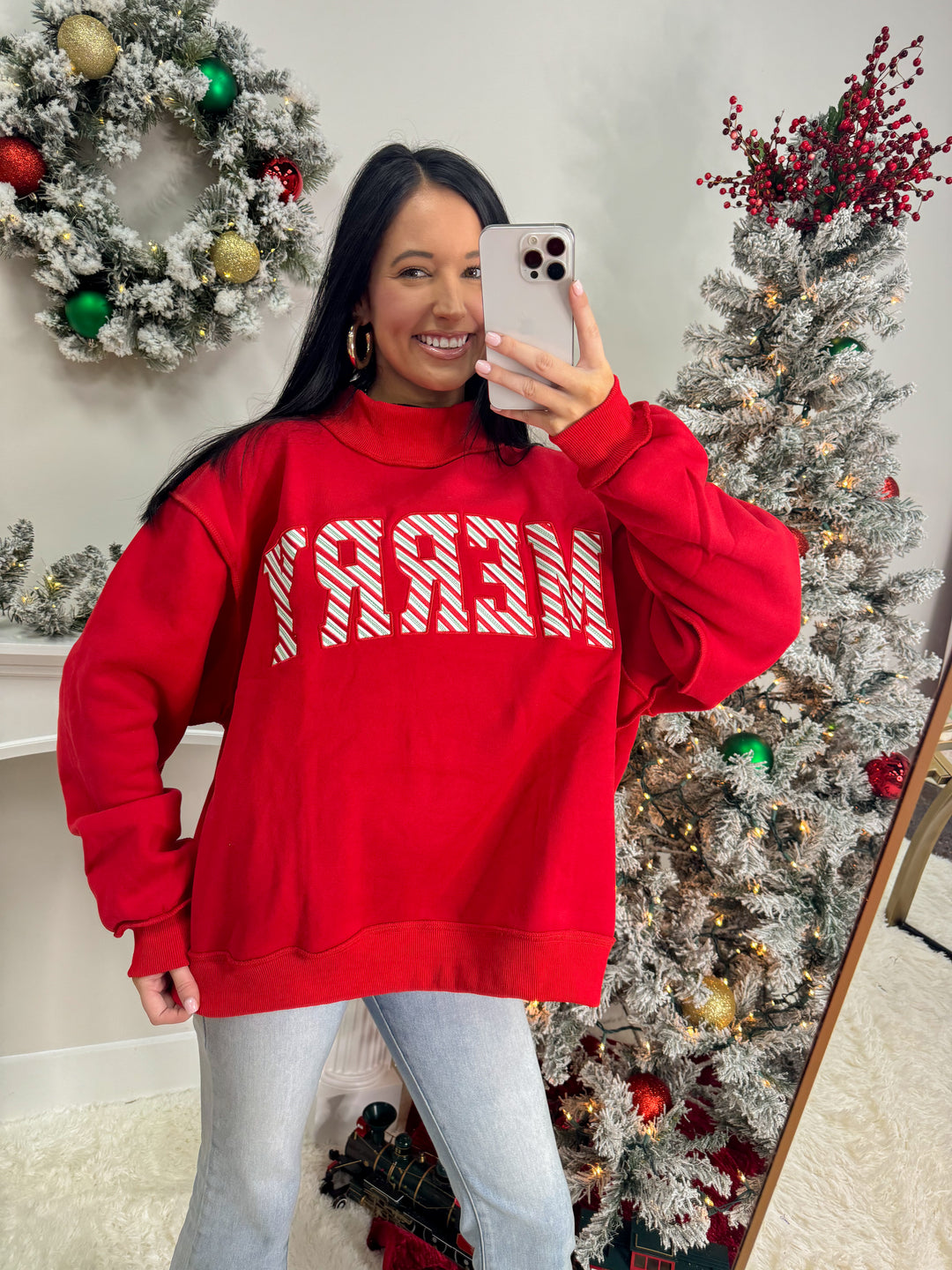 'MERRY' Embroidered Mock Neck Sweatshirt "Red"