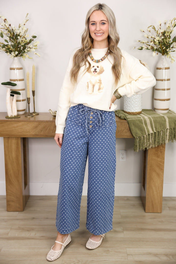 Front Button Up Wide Leg Polka Dot Pants "Denim"