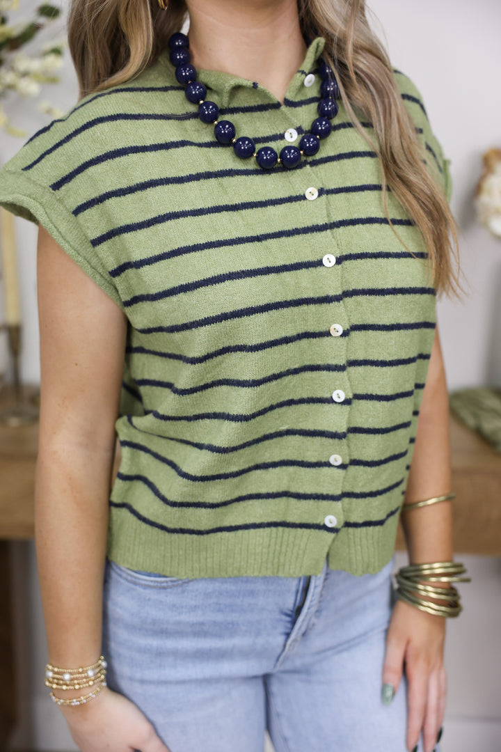 Striped Cap Sleeve Piper Vest "Matcha"