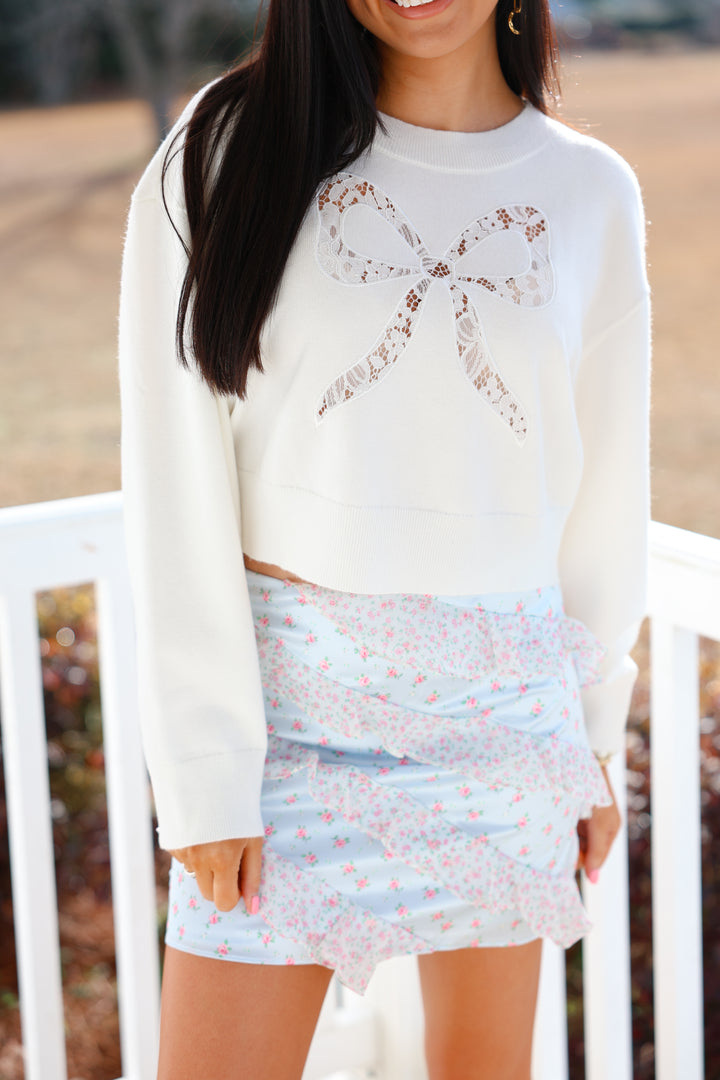 Bow Lace Laser Cut Cropped Sweater "White"