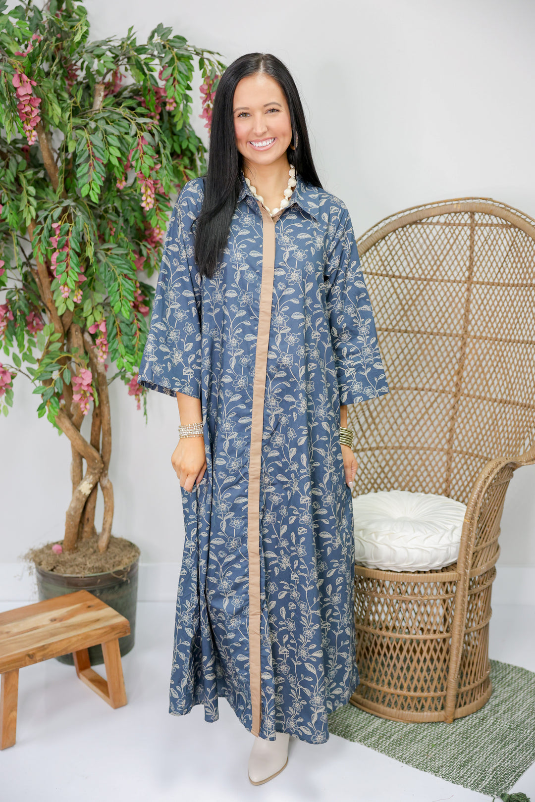 Floral Print 3/4 Sleeve Midi Dress "Dk Navy"