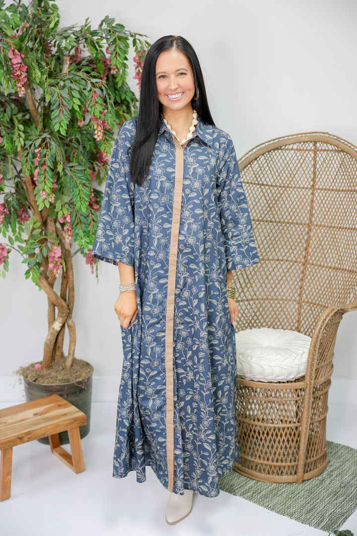 Floral Print 3/4 Sleeve Midi Dress "Dk Navy"