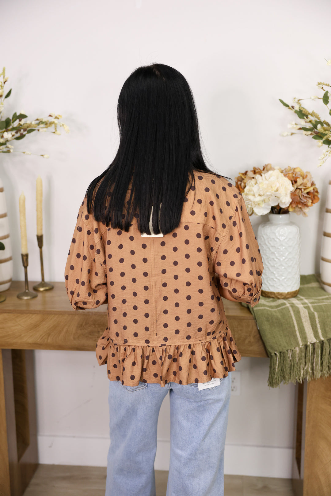 Polka Dot Short Sleeve Button Down Top "Camel/Brown"