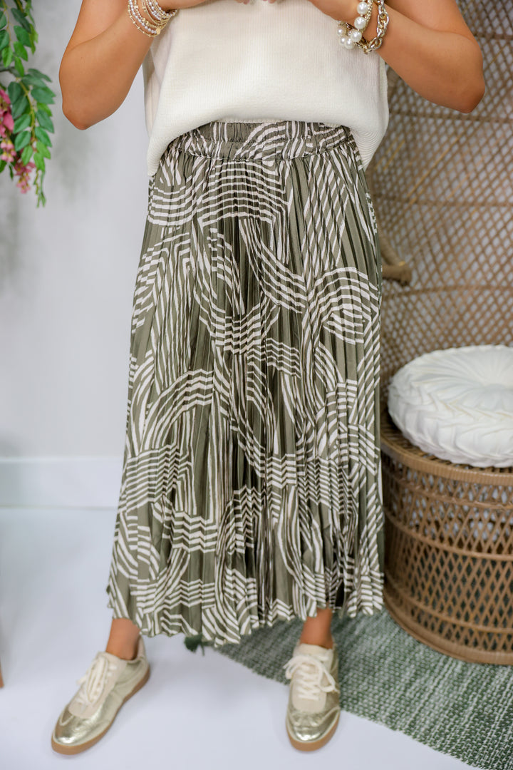 Abstract Printed Accordion Pleated Midi Skirt "Olive Grove"