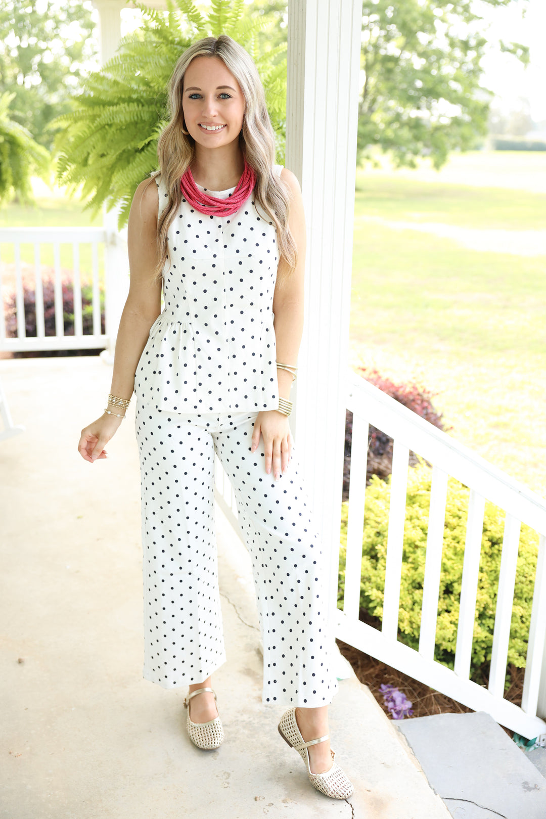 Polka Dot Peplum Hem Detail Top "Off White"