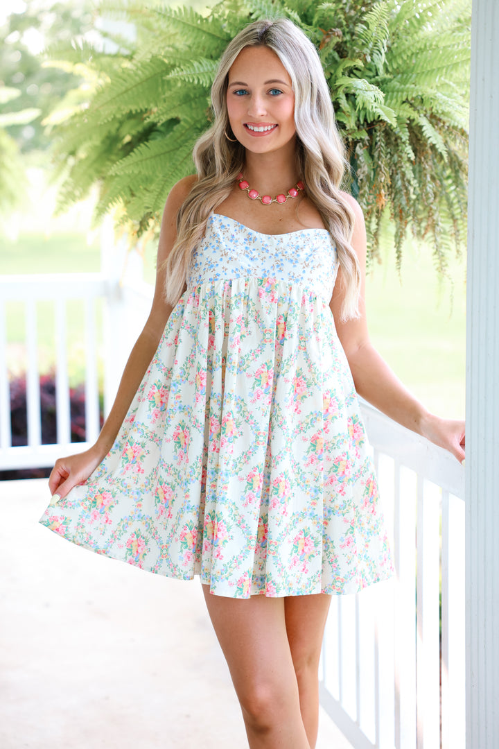 Mixed Floral Print Sleeveless Mini Dress "Cream Combo"