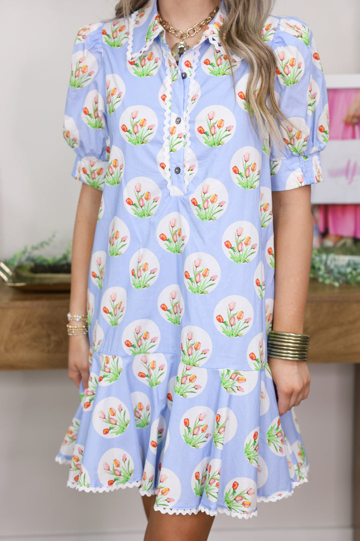 Tulip Print Short Puff Sleeve Mini Dress "LT Blue"