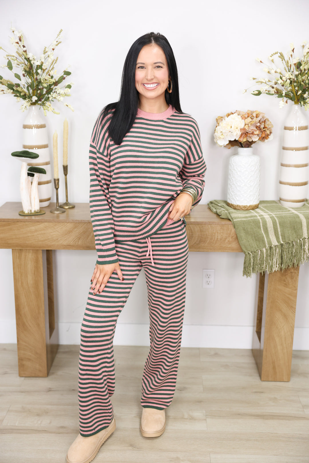 Long sleeve Crew Neck Stripe Sweater & Wide Leg Pants "Green/Pink"