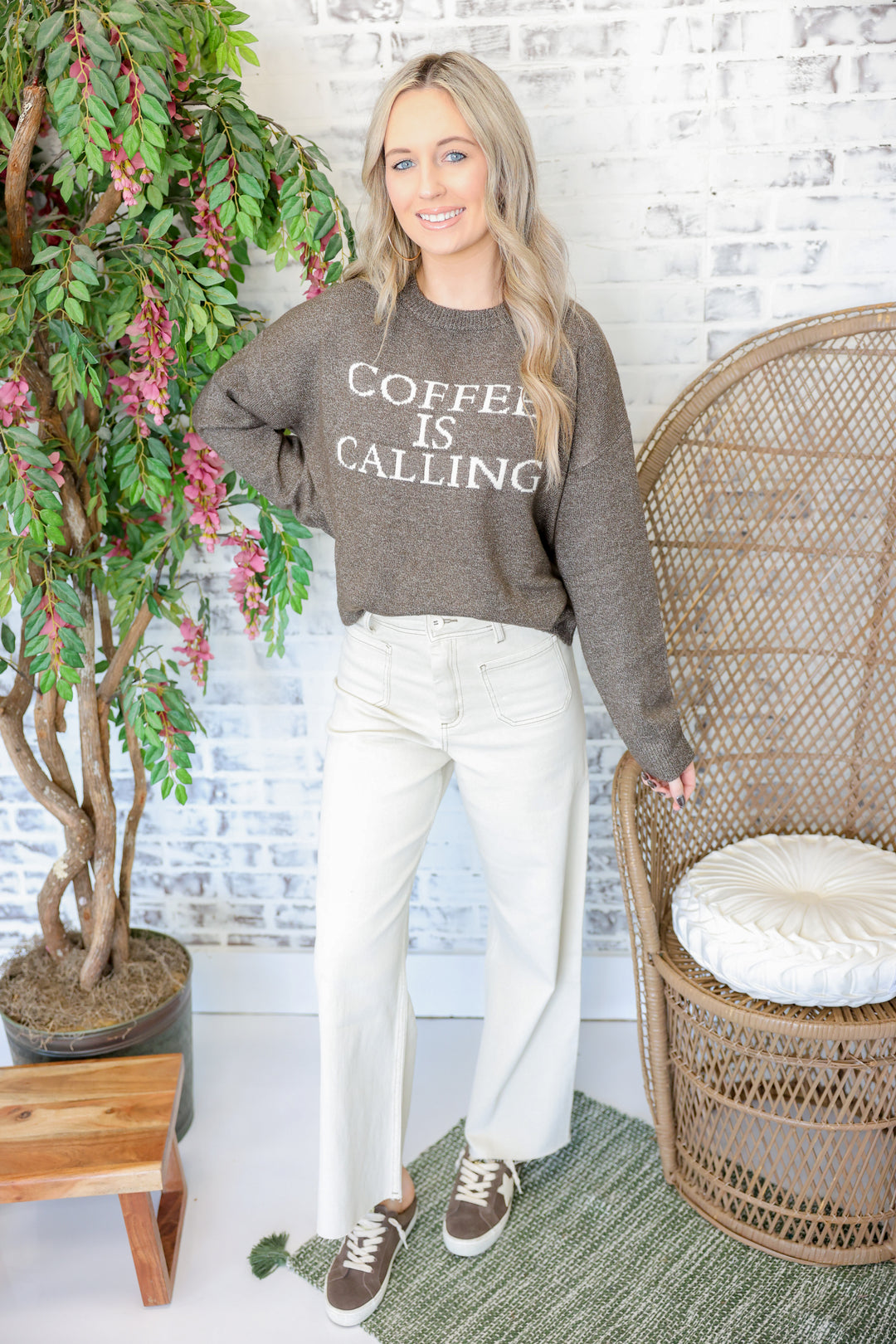 Crew Neck Long Sleeve "Coffee is Calling" Sweater Top "Coco"