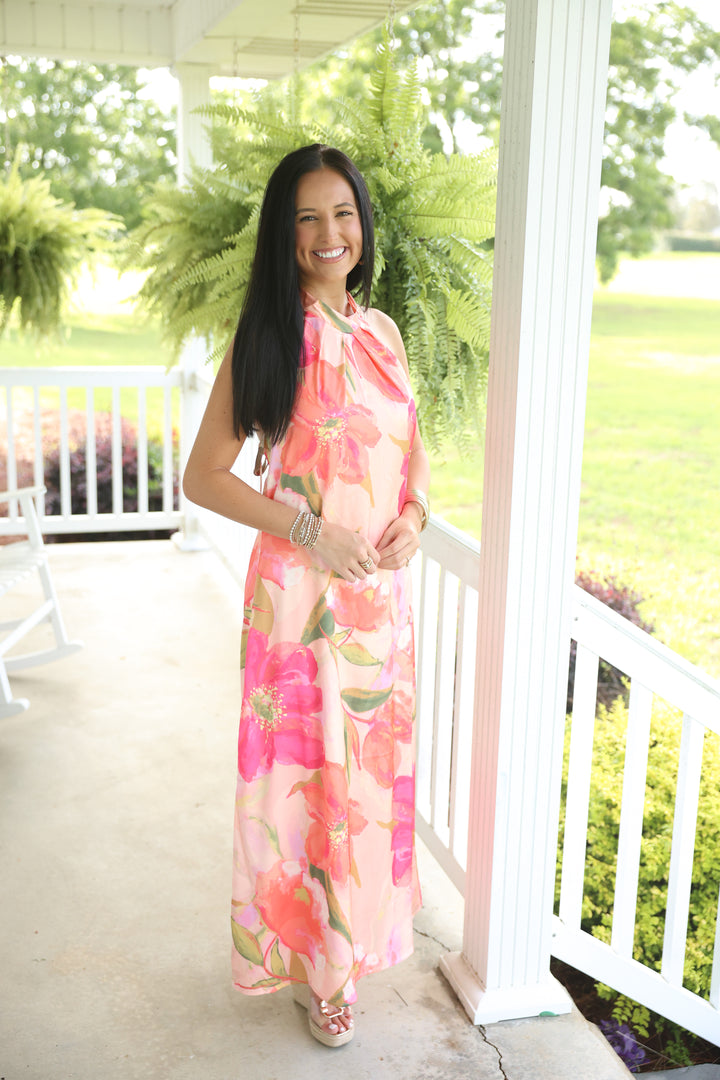 Pink Palms & Petals Halter Neck Midi Dress