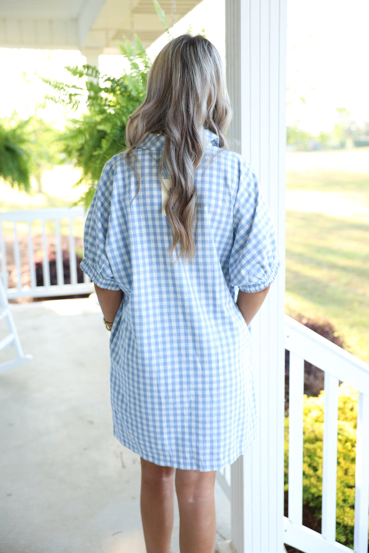Southern Gingham Print Dress "Blue"