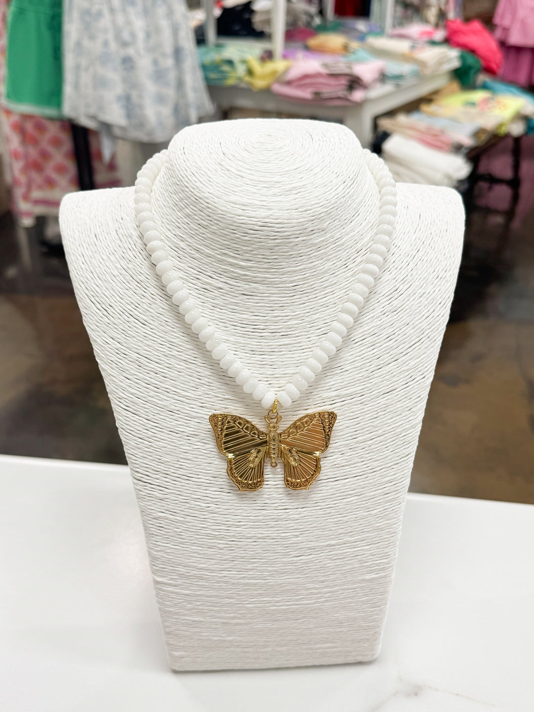 Hart Designs Jewelry - White Beaded Necklace "Butterfly Charm"