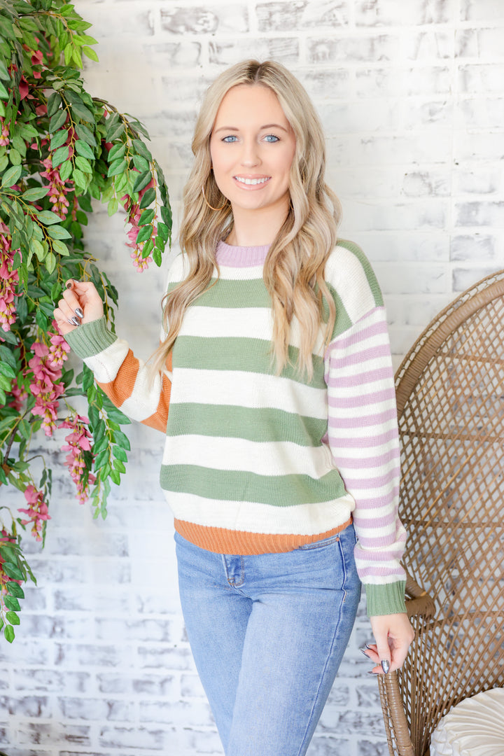 Multi Color Stripe Mix Crew Neck Sweater Top "Olive Mix"