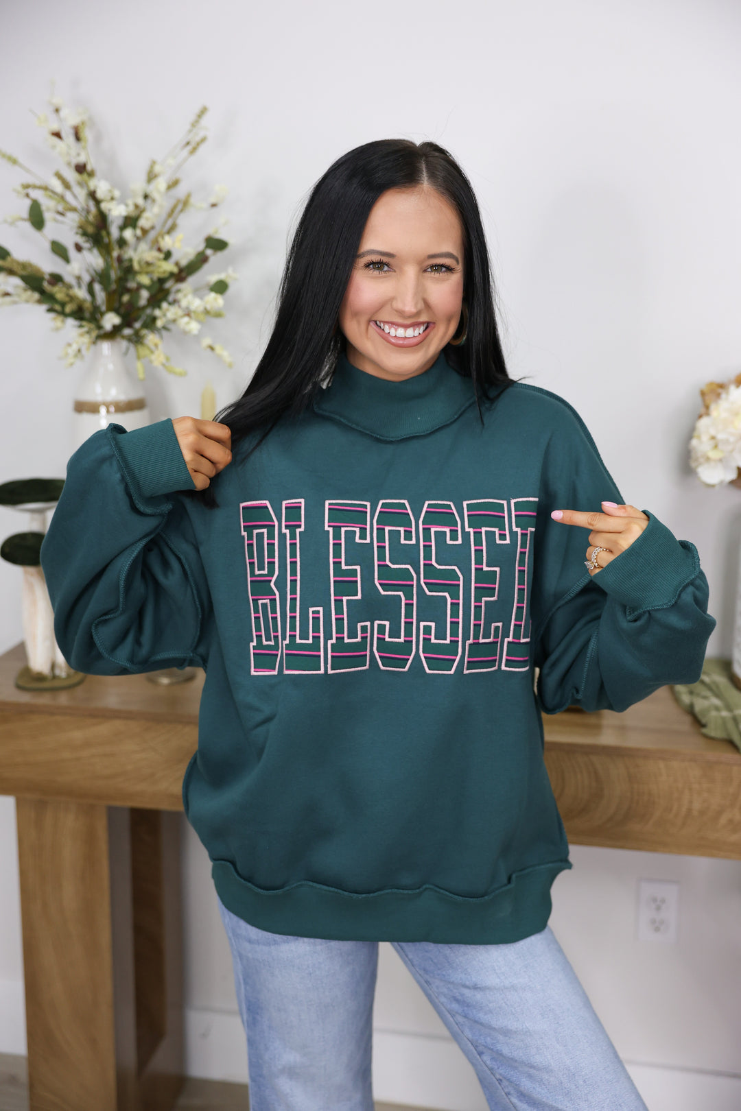 "Blessed" Mock Neck Sweatshirt "Hunter Green"