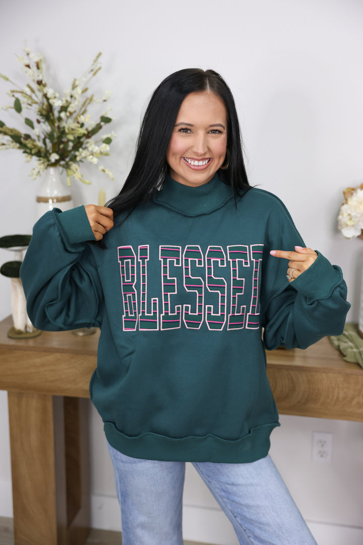"Blessed" Mock Neck Sweatshirt "Hunter Green"