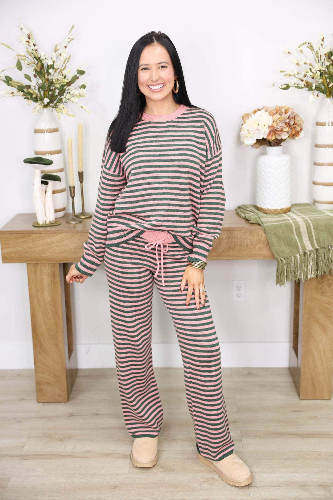 Long sleeve Crew Neck Stripe Sweater & Wide Leg Pants "Green/Pink"