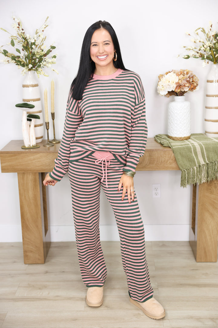 Long sleeve Crew Neck Stripe Sweater & Wide Leg Pants "Green/Pink"