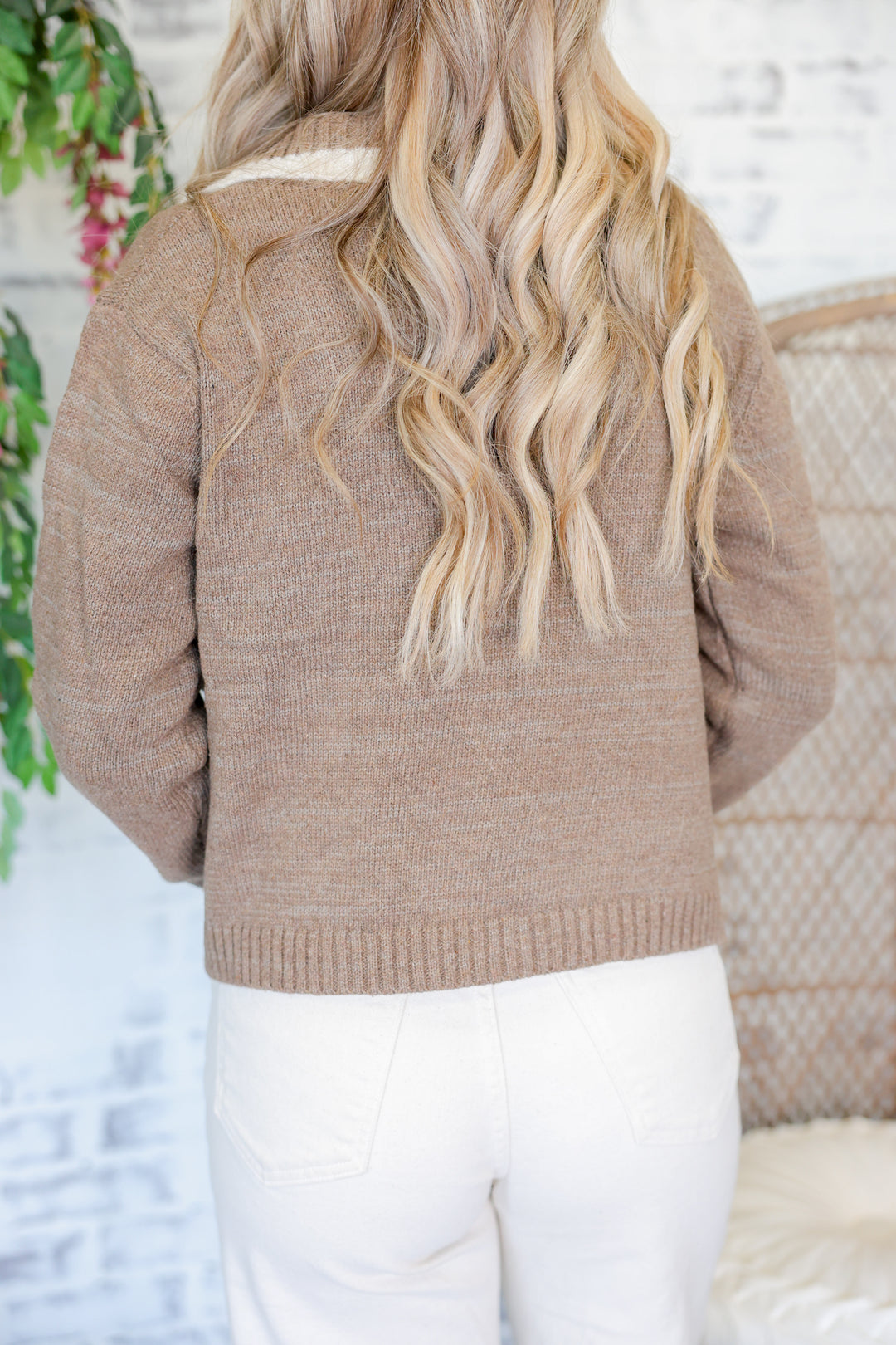 Collared Sweater Cardigan W/ Contrast Ruffle Edge Detail