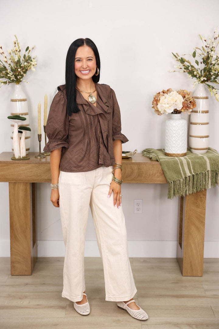 Classy Cotton Ruffle Top "Brown"